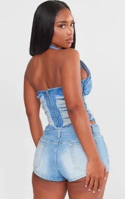 Shape Light Blue Denim Distressed Halterneck Longline Top