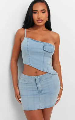 Shape Light Blue Denim One Shoulder Asymmetric Seam Detail Crop Top