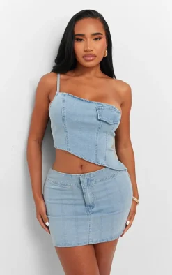 Shape Light Blue Denim Seam Detail Mini Skirt