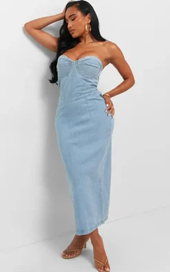 Shape Light Blue Denim Seam Detail Bandeau Maxi Dress