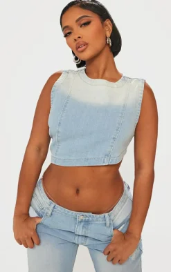 Shape Light Blue Denim Washed Asymmetric Crop Top