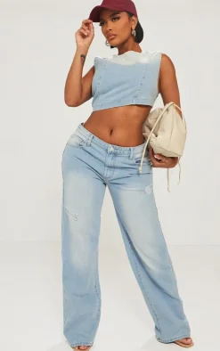 Shape Light Blue Denim Washed Asymmetric Crop Top