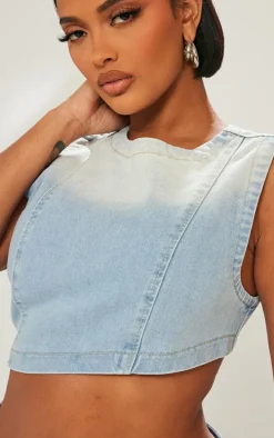 Shape Light Blue Denim Washed Asymmetric Crop Top