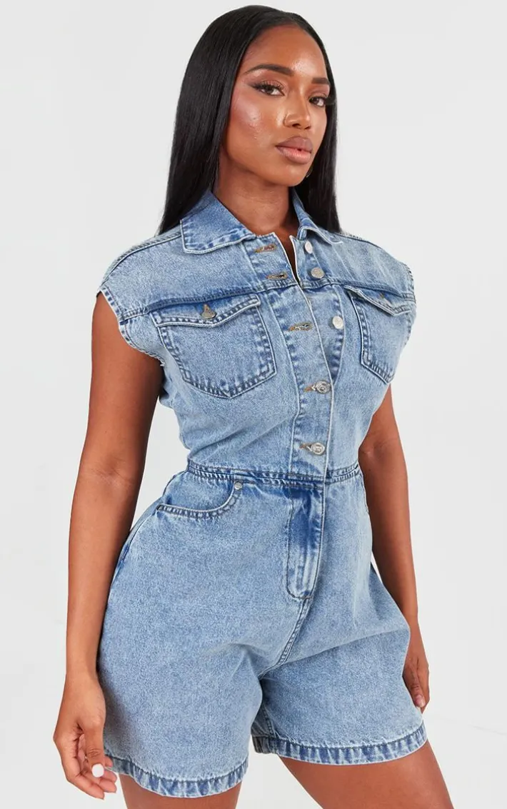 Shape Light Blue Sleeveless Rigid Denim Romper