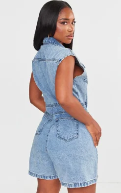 Shape Light Blue Sleeveless Rigid Denim Romper