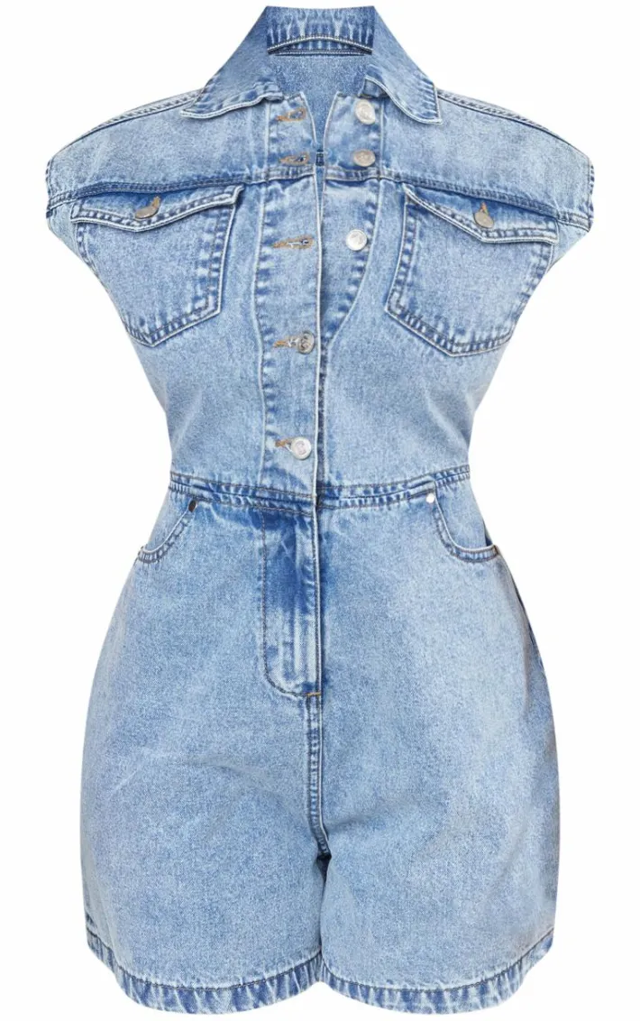 Shape Light Blue Sleeveless Rigid Denim Romper