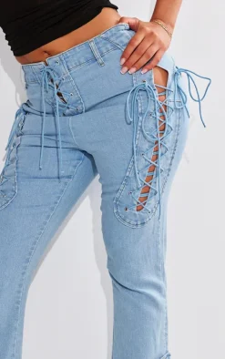 Shape Light Blue Stretch Denim Lace Up Flare Jeans