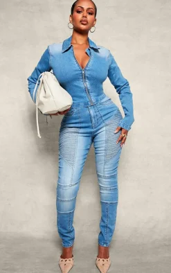 Shape Light Blue Stretch Denim Seam Biker Skinny Jeans