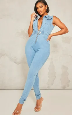 Shape Light Blue Wash Belted Detail Stretch Denim Jumpsuit
