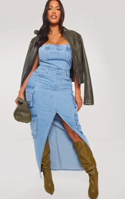 Shape Light Blue Wash Denim Front Split Cargo Dress
