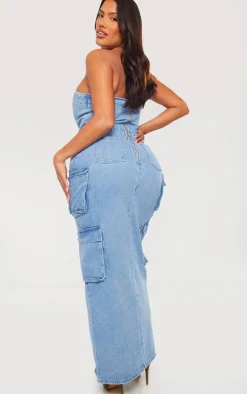 Shape Light Blue Wash Denim Front Split Cargo Dress