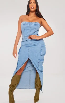 Shape Light Blue Wash Denim Front Split Cargo Dress