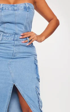 Shape Light Blue Wash Denim Front Split Cargo Dress