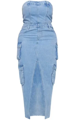 Shape Light Blue Wash Denim Front Split Cargo Dress