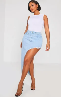 Shape Light Blue Wash Denim Asymmetric Frayed Hem Midaxi Skirt