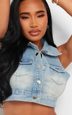 Shape Light Blue Wash Denim Button Front Sleeveless Jacket