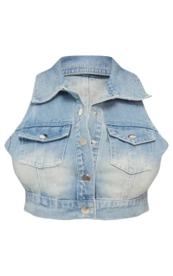 Shape Light Blue Wash Denim Button Front Sleeveless Jacket