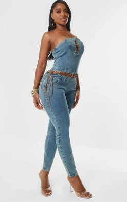 Shape Light Blue Wash Denim Bandeau Lace Up Detail Jumpsuit