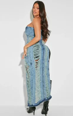 Shape Light Blue Wash Denim Bandeau Distressed Asymmetric Top