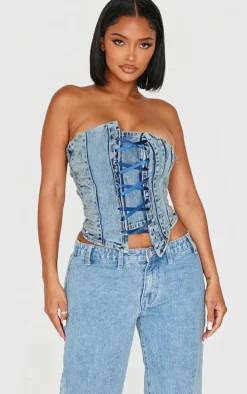 Shape Light Blue Wash Denim Bandeau Distressed Lace Up Detail Corset