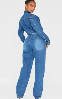 Shape Light Blue Wash Long Sleeve Rigid Denim Jumpsuit