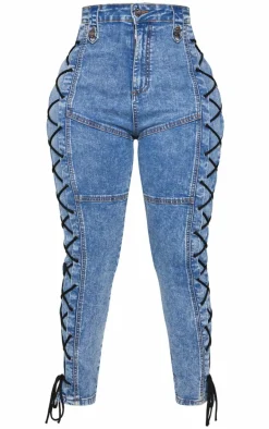 Shape Light Blue Washed Denim Lace Up Skinny Jeans