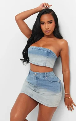 Shape Light Blue Washed Denim Low Rise Mini Skirt