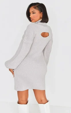 Shape Light Grey 2 In 1 High Neck Balloon Sleeve Bodycon Sweater Dress