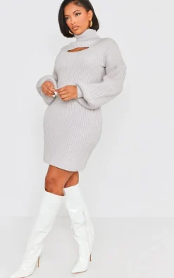 Shape Light Grey 2 In 1 High Neck Balloon Sleeve Bodycon Sweater Dress