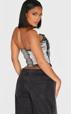 Shape Light Grey Denim Bandeau Distressed Lace Up Detail Corset