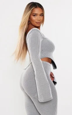 Shape Light Grey Ribbed Bardot Flare Split Sleeve Crop Top