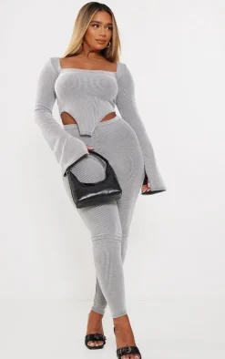 Shape Light Grey Ribbed Bardot Flare Split Sleeve Crop Top