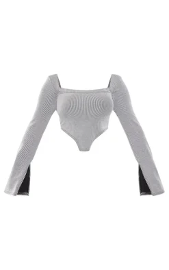 Shape Light Grey Ribbed Bardot Flare Split Sleeve Crop Top