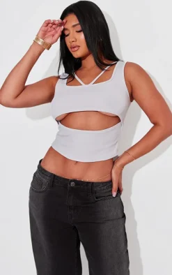 Shape Light Grey Ribbed Strap Detail Cut Out Crop Top