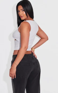 Shape Light Grey Ribbed Strap Detail Cut Out Crop Top