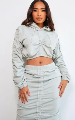 Shape Light Grey Ruched Sweat Long Sleeved Crop Hoodie