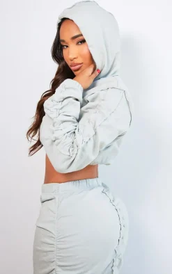 Shape Light Grey Ruched Sweat Long Sleeved Crop Hoodie