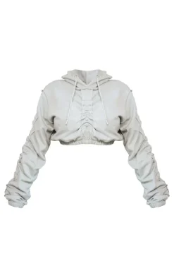 Shape Light Grey Ruched Sweat Long Sleeved Crop Hoodie