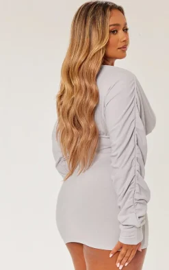 Shape Light Grey Soft Rib Plunge Ruched Sleeve Bodycon Dress