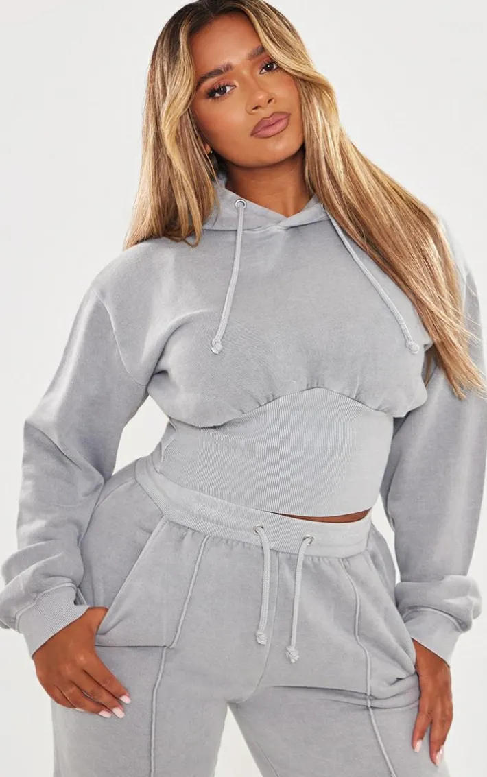 Shape Light Grey Sweat Cropped Shirred Waist Hoodie