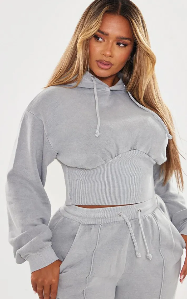 Shape Light Grey Sweat Cropped Shirred Waist Hoodie