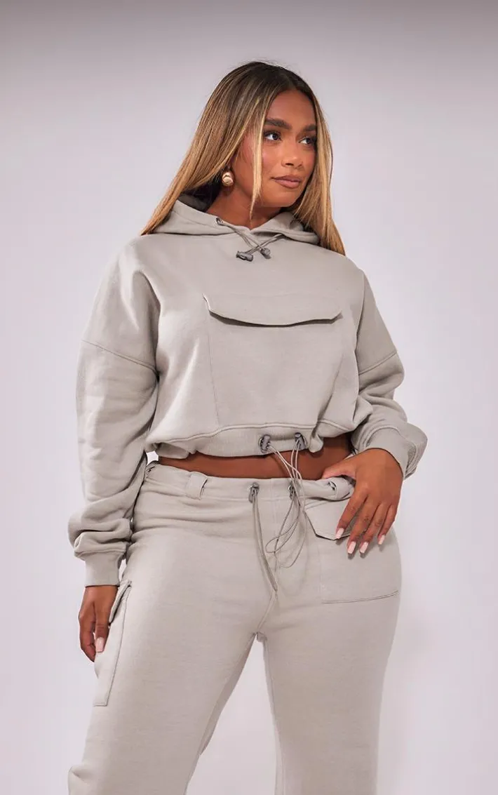 Shape Light Grey Toggle Waist Pocket Front Cropped Hoodie