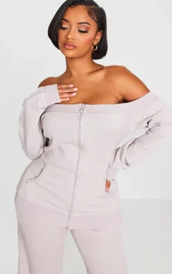Shape Light Grey Washed Bardot Zip Up Sweatshirt