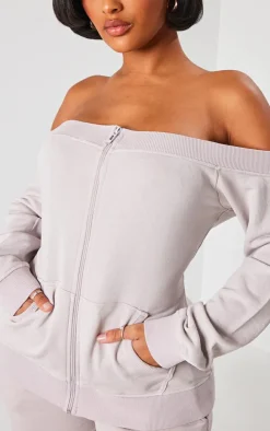 Shape Light Grey Washed Bardot Zip Up Sweatshirt