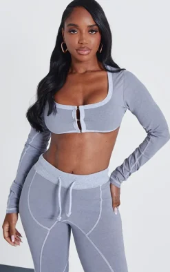 Shape Light Grey Washed Cotton Hook And Eye Long Sleeve Crop Top