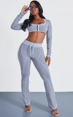 Shape Light Grey Washed Cotton Hook And Eye Long Sleeve Crop Top