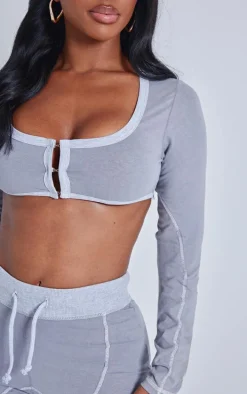Shape Light Grey Washed Cotton Hook And Eye Long Sleeve Crop Top