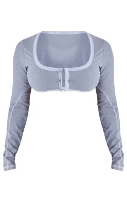 Shape Light Grey Washed Cotton Hook And Eye Long Sleeve Crop Top