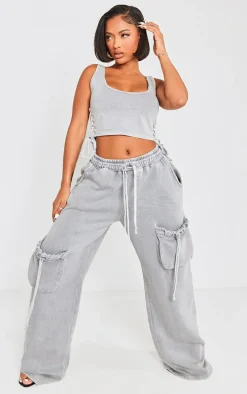 Shape Light Grey Washed Double Waistband Pocket Detail Wide Leg Sweatpants