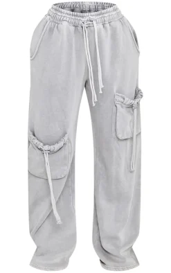 Shape Light Grey Washed Double Waistband Pocket Detail Wide Leg Sweatpants